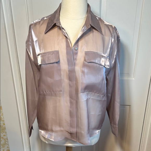 NWT Pistola Shimmering Organza Pink/Plum Button Front Blouse Semi-Sheer - Picture 12 of 15